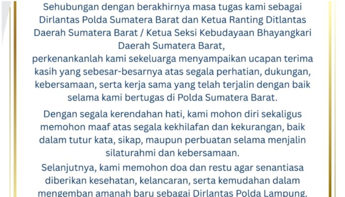 Tinggalkan Sumbar dengan Silaturahmi, Kombes Pol Reza Serahkan Estafet Dirlantas kepada Kombes Pol Kukuh Priyo Taruno